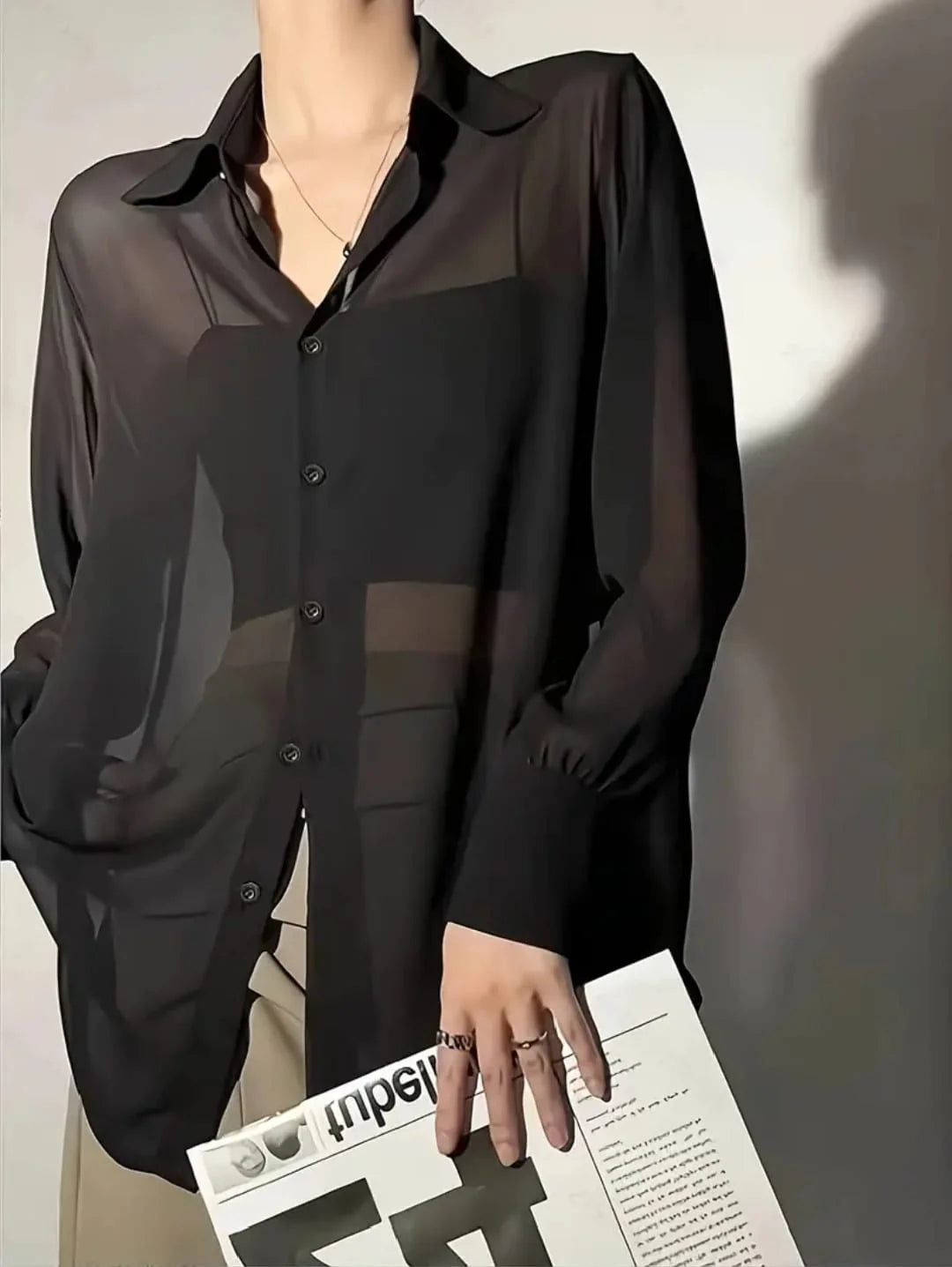 Black Chiffon Button-Down Shirts