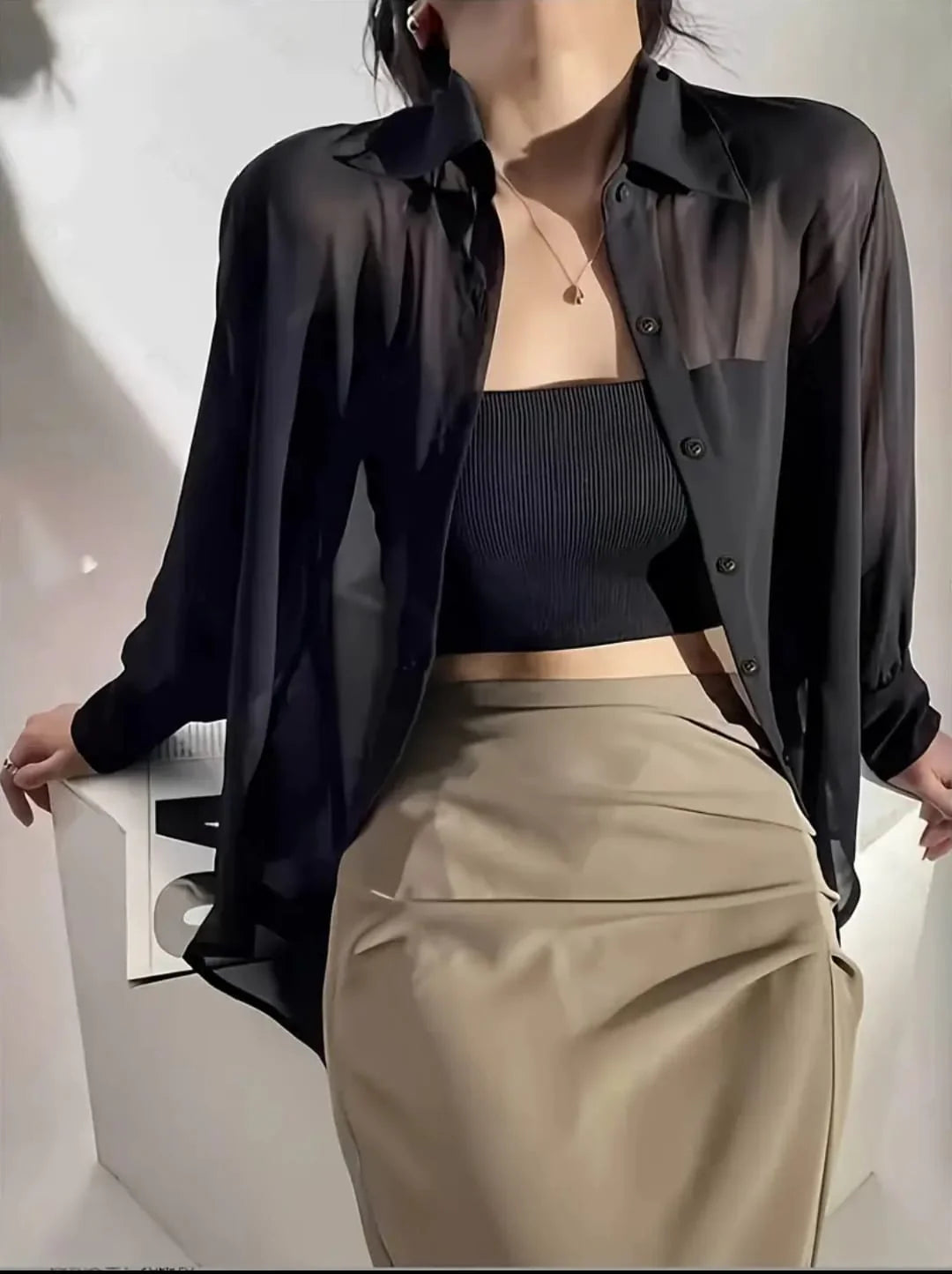 Black Chiffon Button-Down Shirts