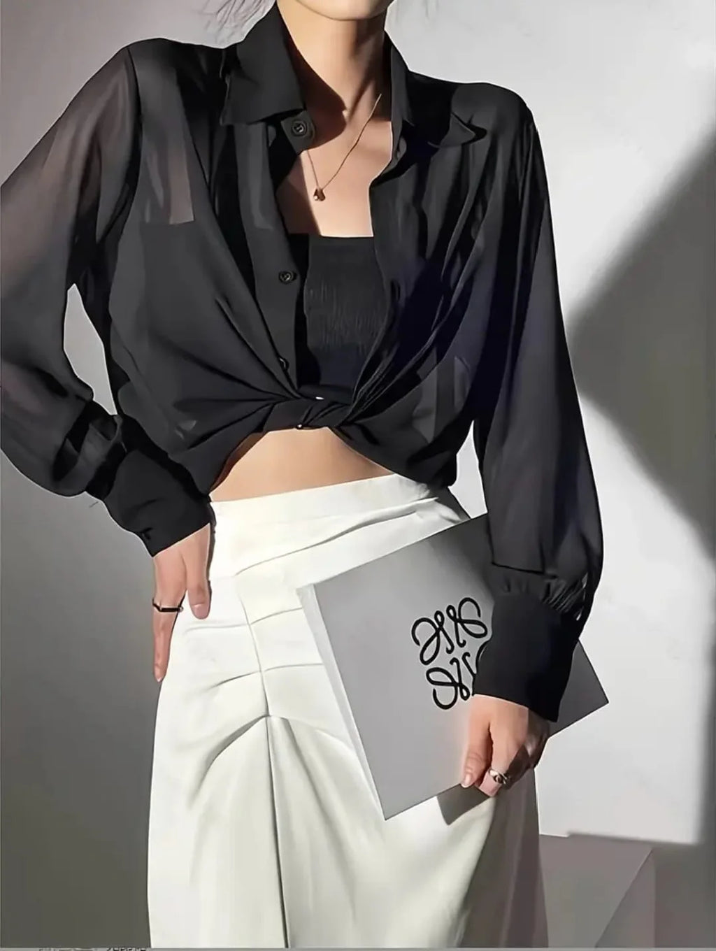 Black Chiffon Button-Down Shirts