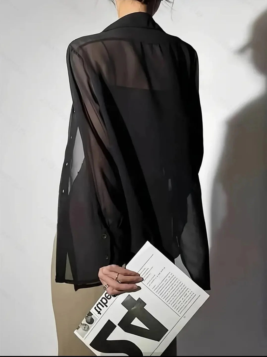 Black Chiffon Button-Down Shirts